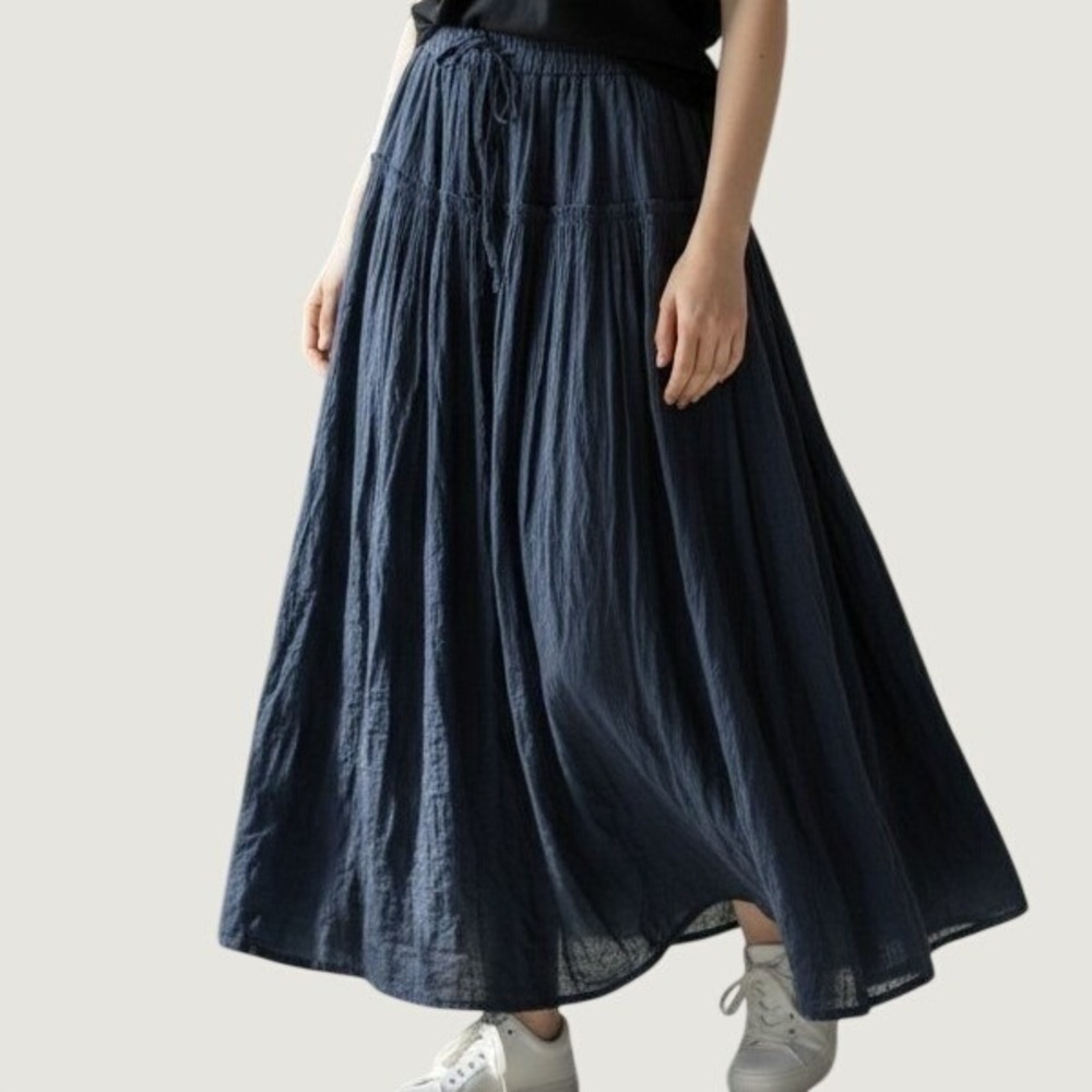 Bobeau Navy Blue Tiered Maxi Skirt Boho Crinkle Gauze Elastic Waist Womens M